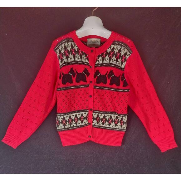 Susan Bristol New Traditions Red Knit Cardigan Sweater Embroidered Scottie Dog S - Picture 1 of 3